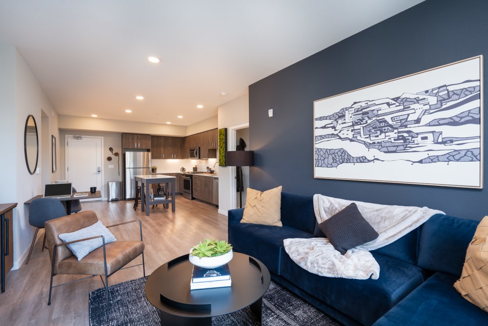 Living room and kitchen at Anson in Burlingame, California