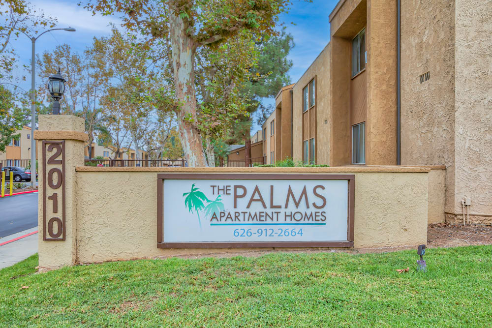 Signage outside of The Palms Apartments in Rowland Heights, California