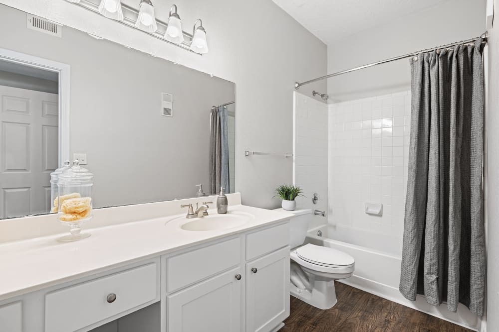 Bathroom with white modern fixtures and cabinets at Marquis at Silverton in Cary, North Carolina