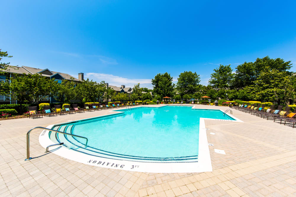 Outdoor pool with poolside seating at Marquis at Silverton in Cary, North Carolina