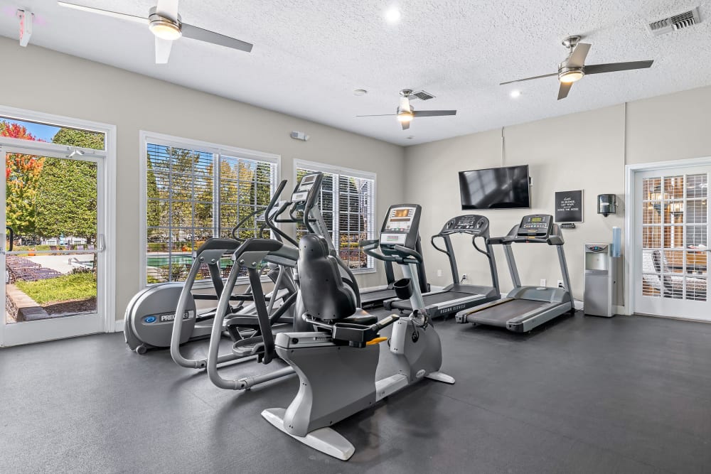 Gym with exercise machines at Marquis at Silverton in Cary, North Carolina