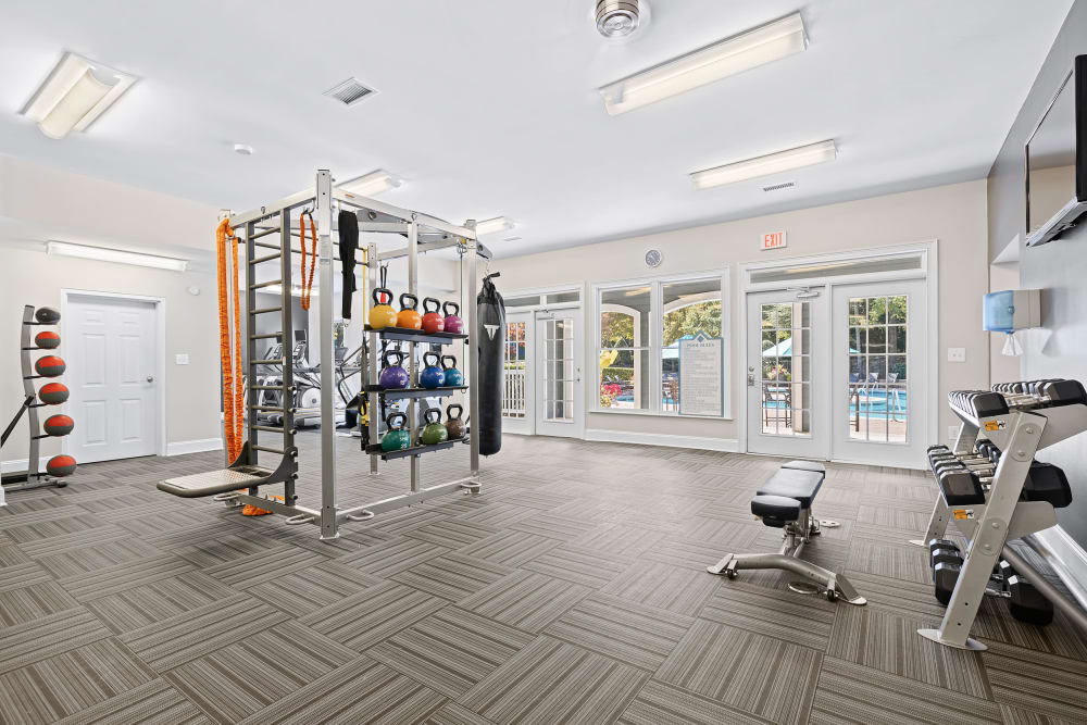 Fitness center with equipment at Marquis on Edwards Mill in Raleigh, North Carolina