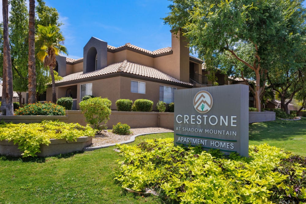 Welcome sign at Crestone at Shadow Mountain in Phoenix, Arizona