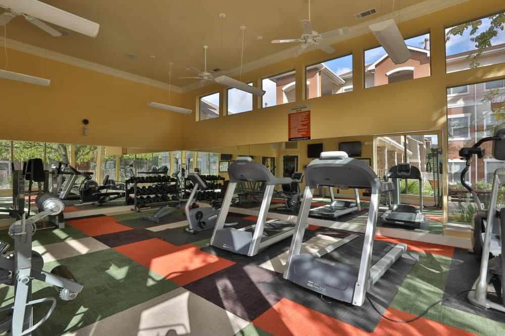 Rows of exercise equipment in the fitness center at Cypress Creek at River Bend in Georgetown, Texas