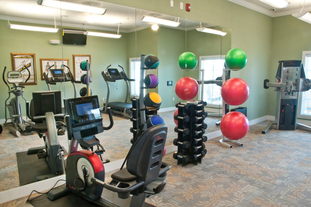 Exercise equipment in the fitness center at Mariposa at Bay Colony in Dickinson, Texas