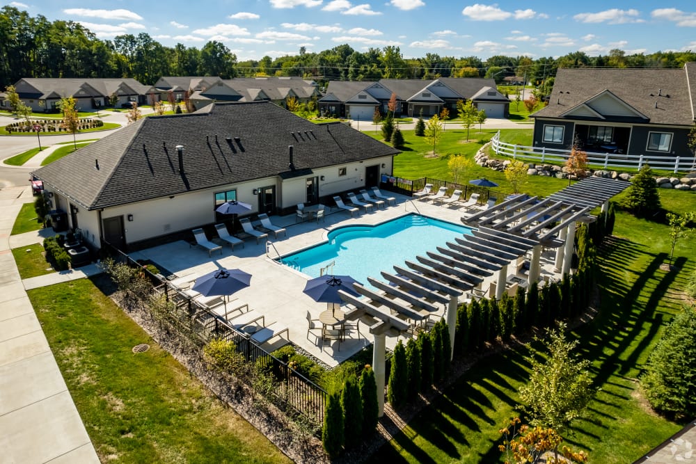 Aerial view of the pool at Encore at Deerhill in Clarkston, Michigan