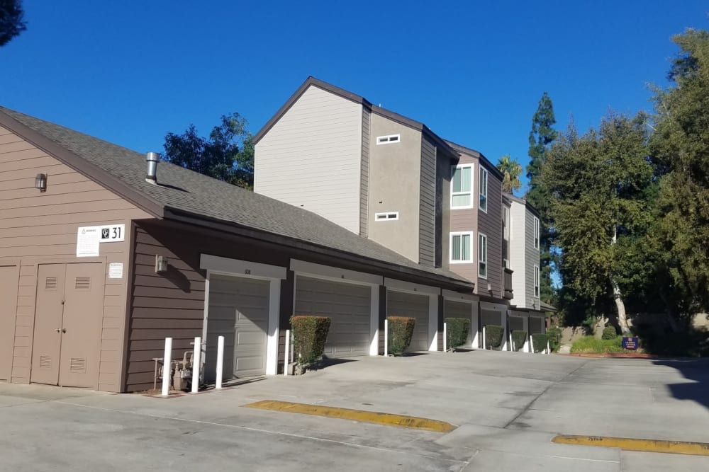Parking garages at Canyon Crest Views Apartments in Riverside, California