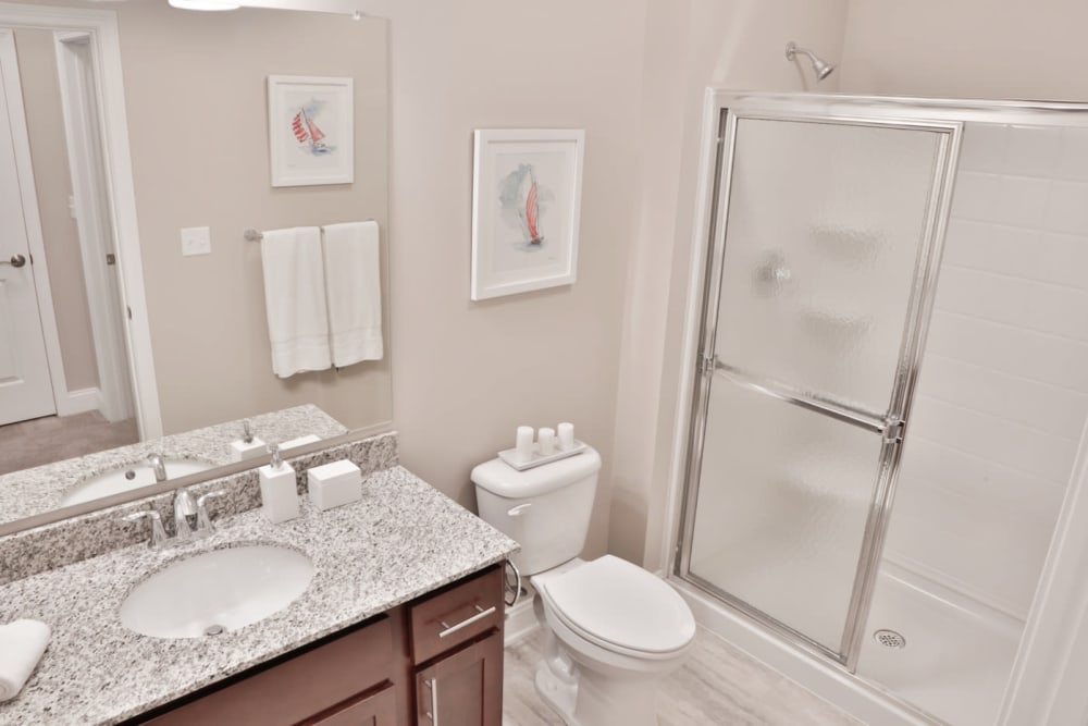Full master bathroom at Highcroft Apartment Homes in Simsbury, Connecticut