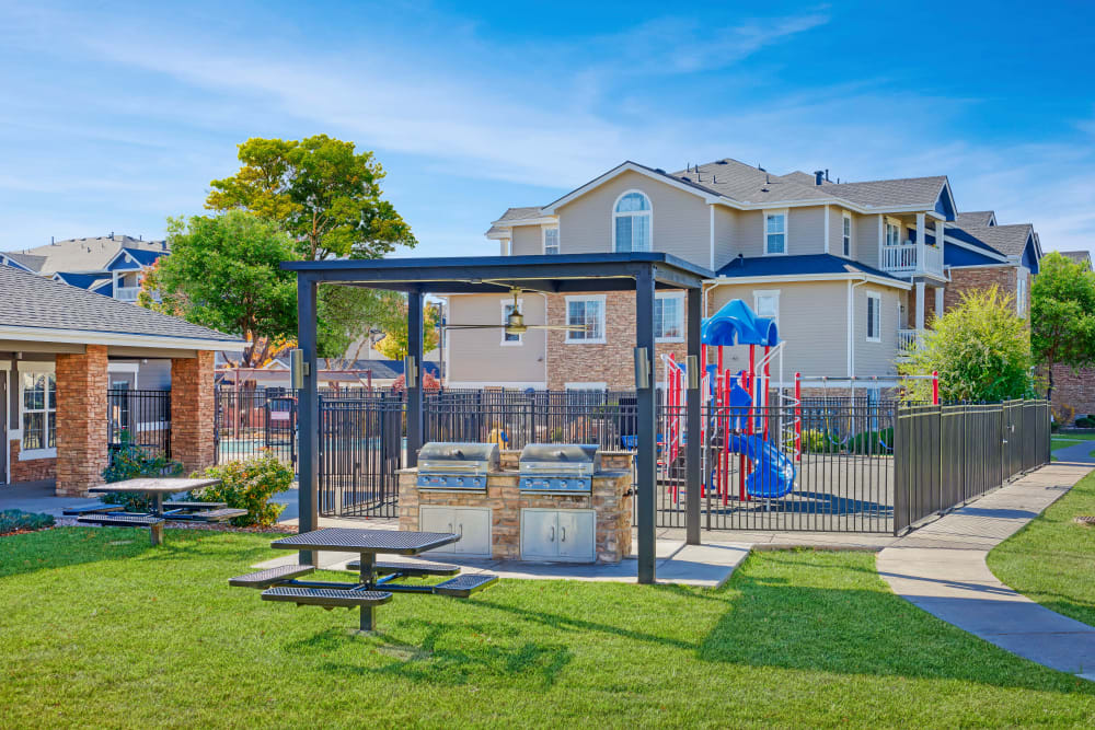 The BBQ area at Westridge Apartments in Aurora, Colorado