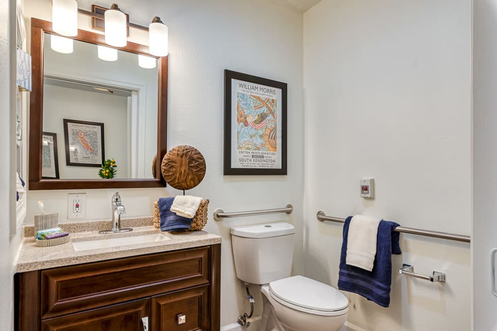 Clean bathroom at Pacifica Senior Living Lynnwood in Lynnwood, Washington
