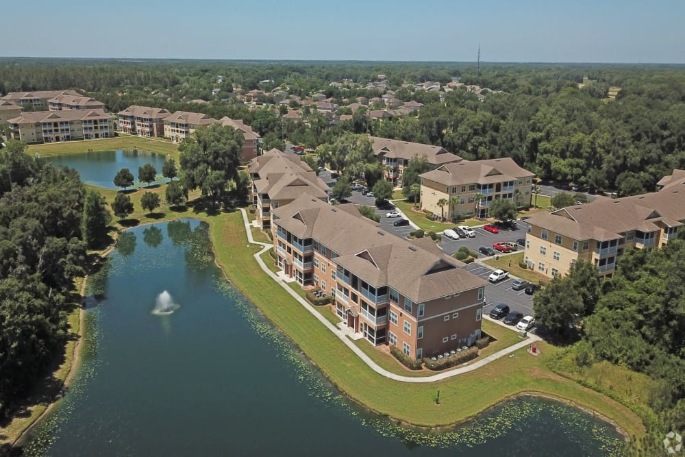 Aerial view with a lake of The Columns at Cypress Point in Wesley Chapel, Florida