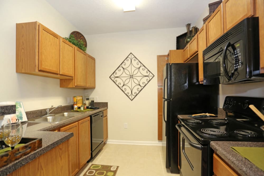 Kitchen with black appliances at The Columns at Cypress Point in Wesley Chapel, Florida