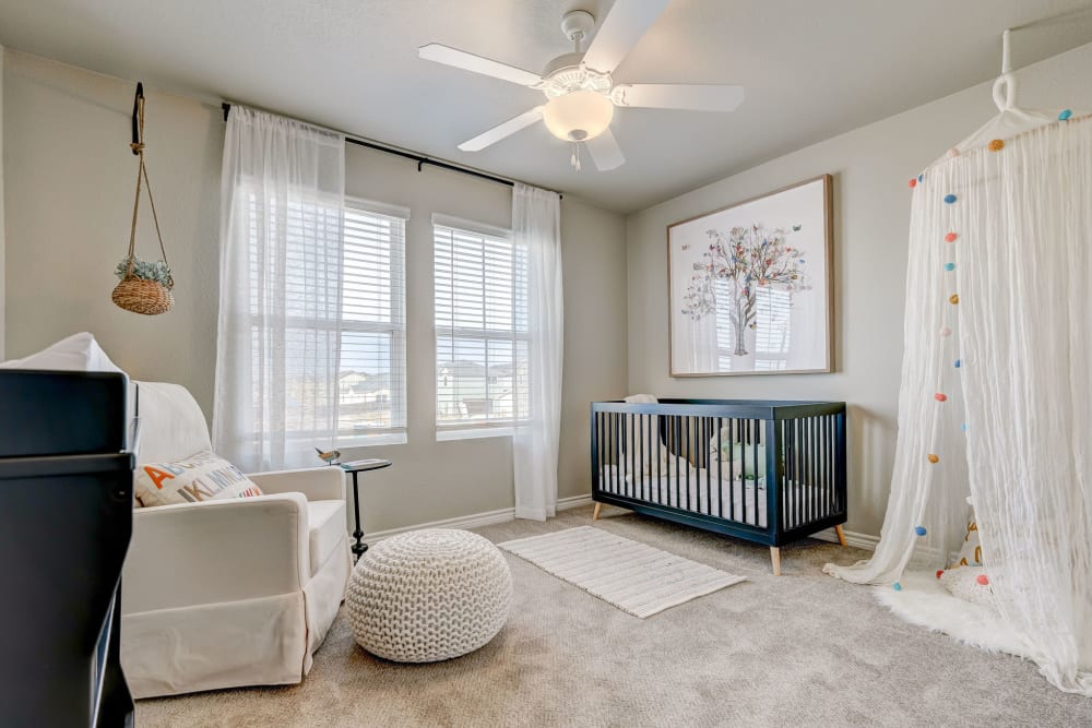 Bedroom of a model home at BB Living Harvest in Argyle, Texas