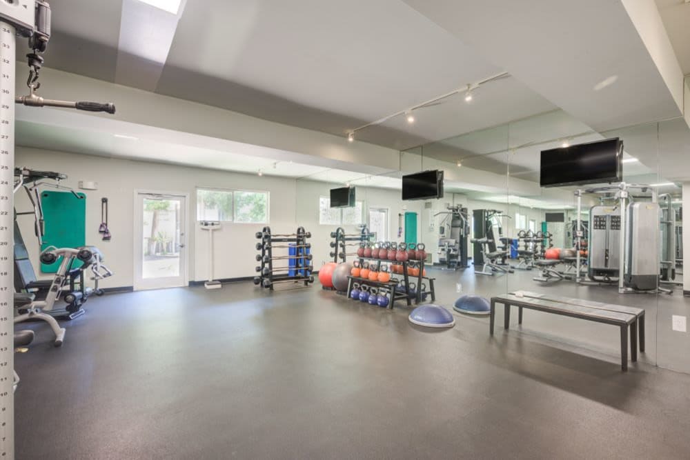 Resident fitness center with free standing weights and various strength equipment at The Villas at Woodland Hills in Woodland Hills, California 