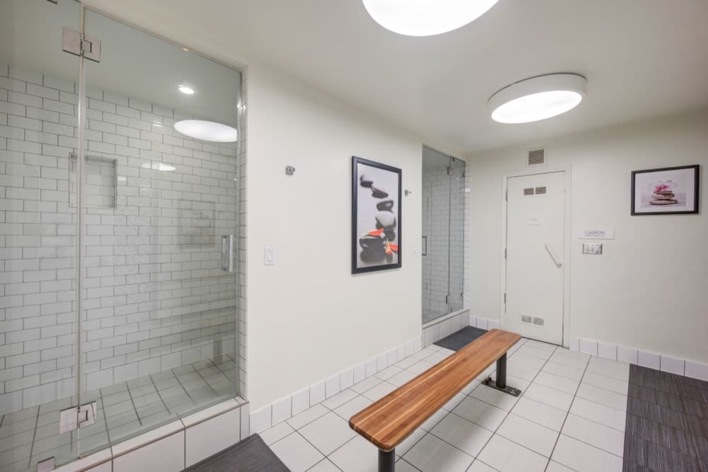 Locker rooms or bathrooms in the community spaces at The Villas at Woodland Hills in Woodland Hills, California 