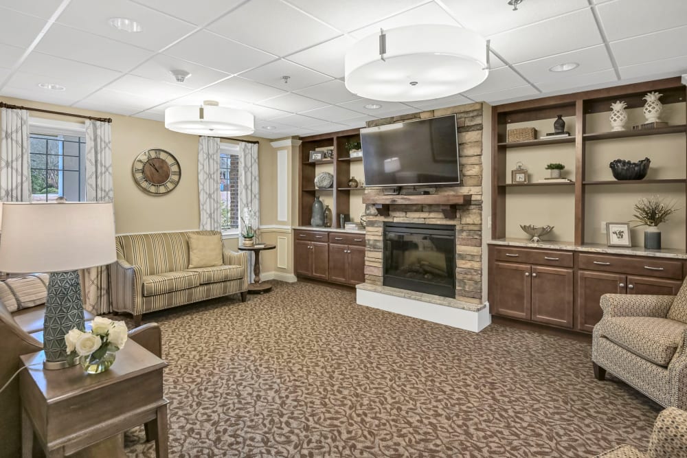 Fireplace lounge at The Foothills Retirement Community in Easley, South Carolina