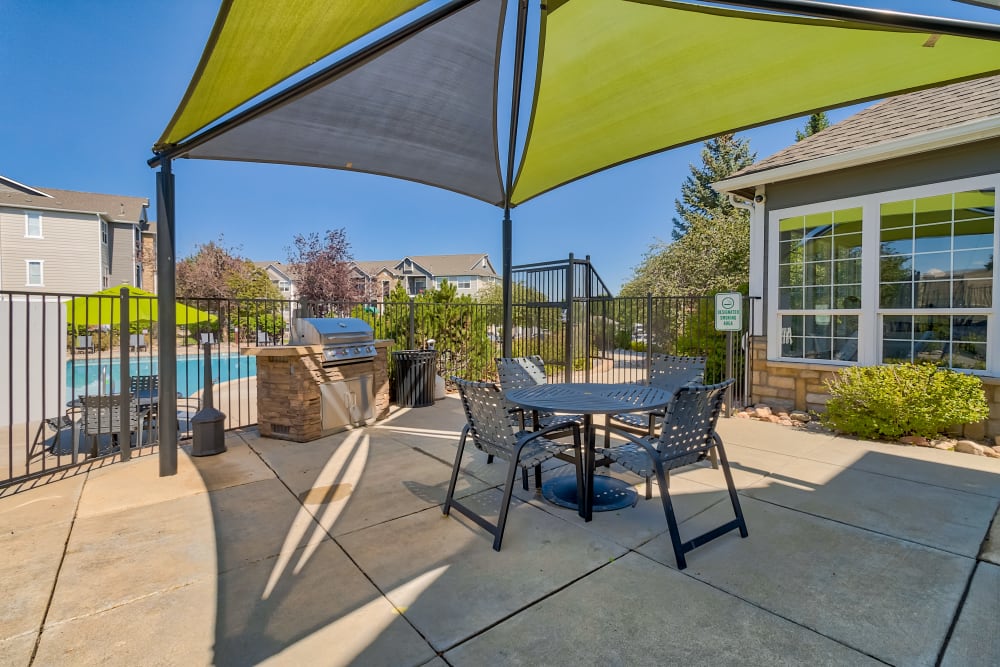 Sunshade covered sitting area at Reserve at South Creek in Englewood, Colorado