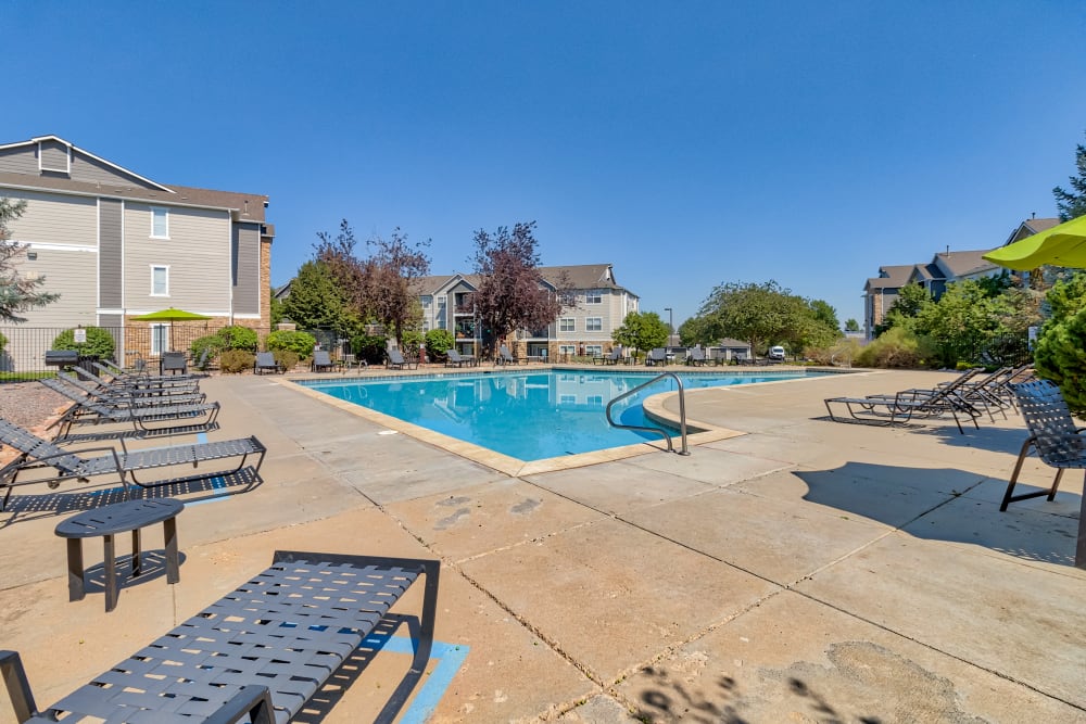 Lounge chairs and patio furniture by the community pool at Reserve at South Creek in Englewood, Colorado