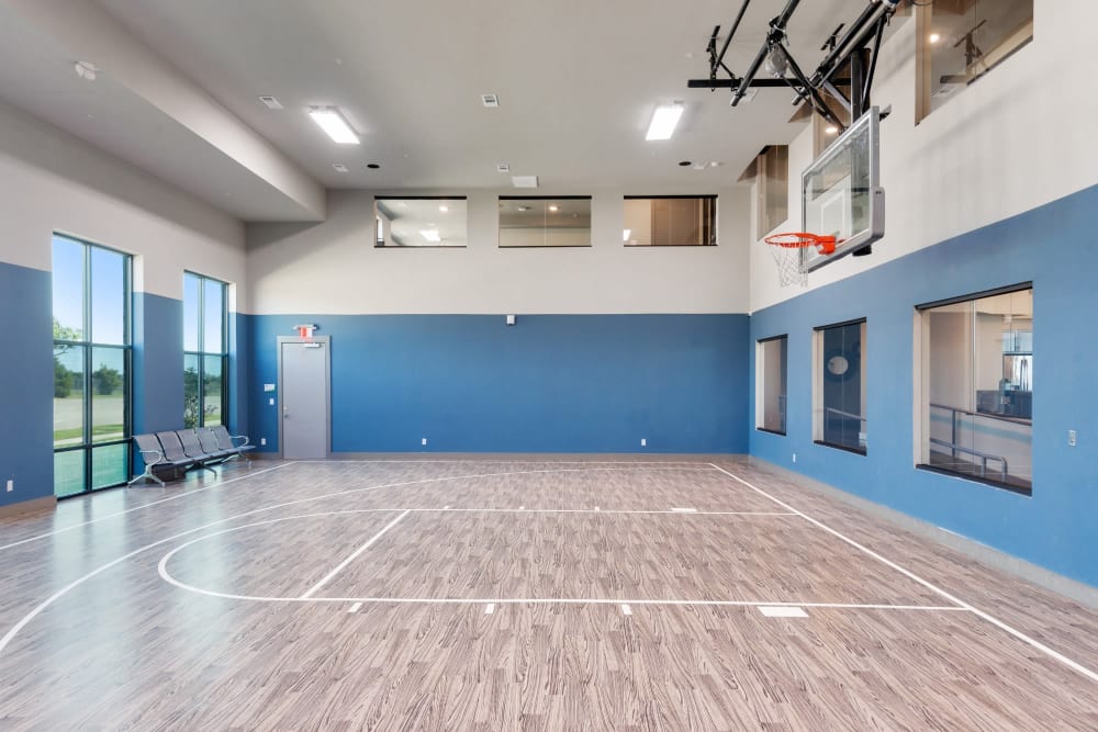 Community gym with a basketball hoop at Discovery Park in Denton, Texas