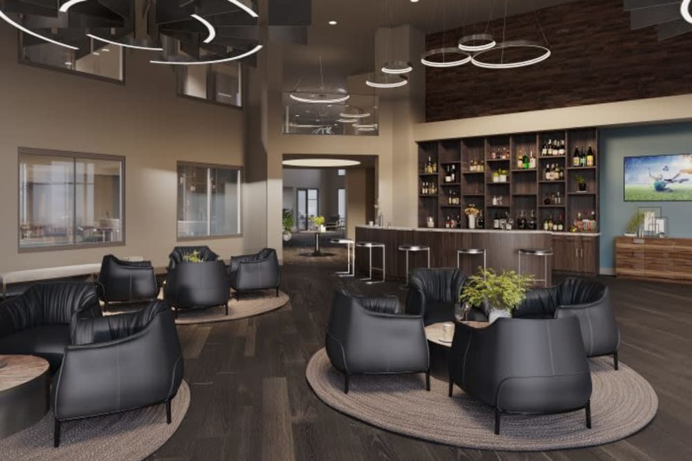 High-end lounge featuring black leather seating at Discovery Park in Denton, Texas