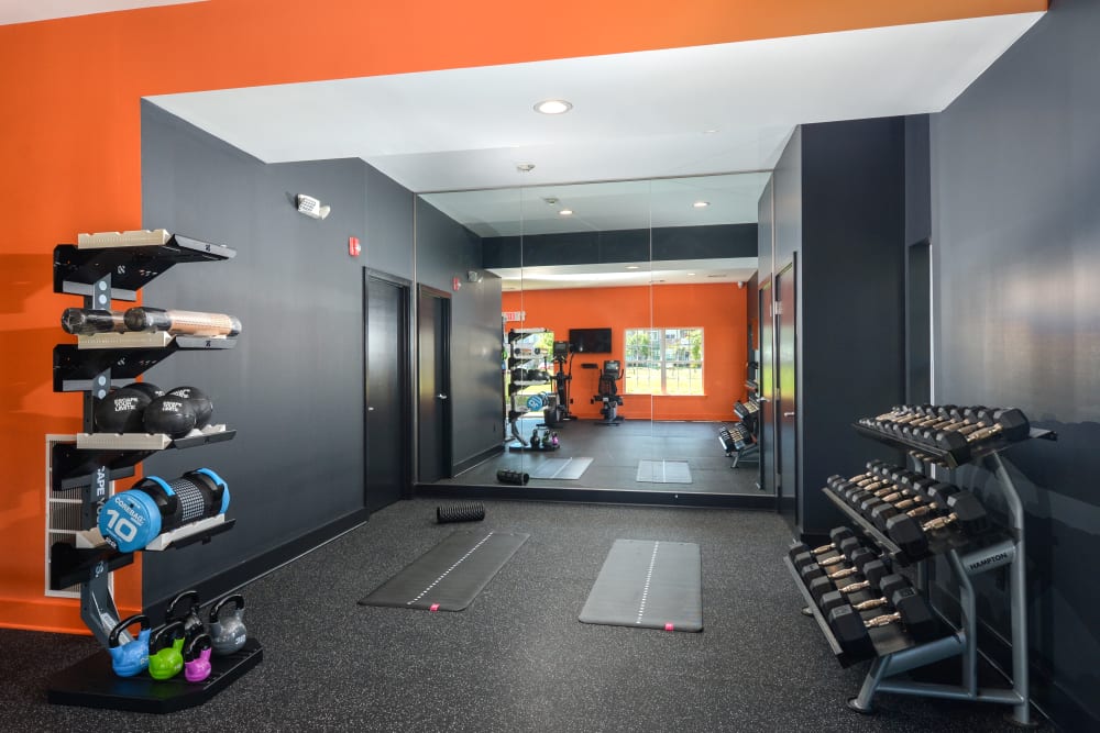 fitness center with free weight and calisthenics area at Aspen Court in Piscataway, New Jersey