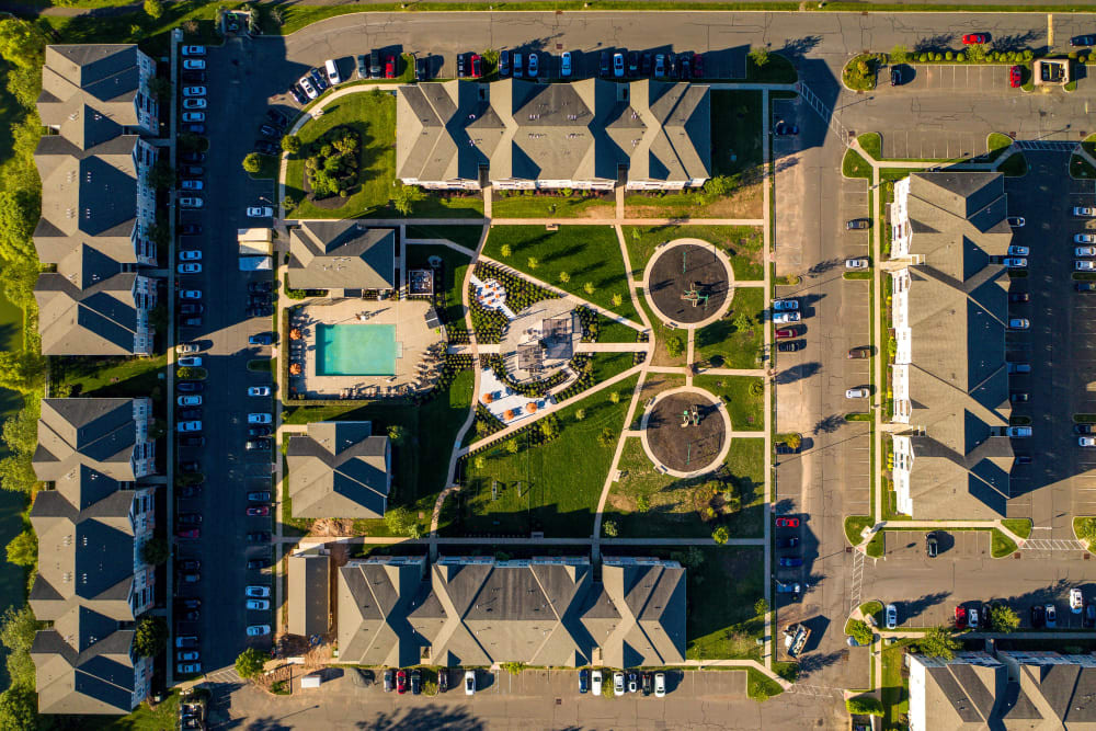 Overhead view of the apartments and grounds at Aspen Court in Piscataway, New Jersey