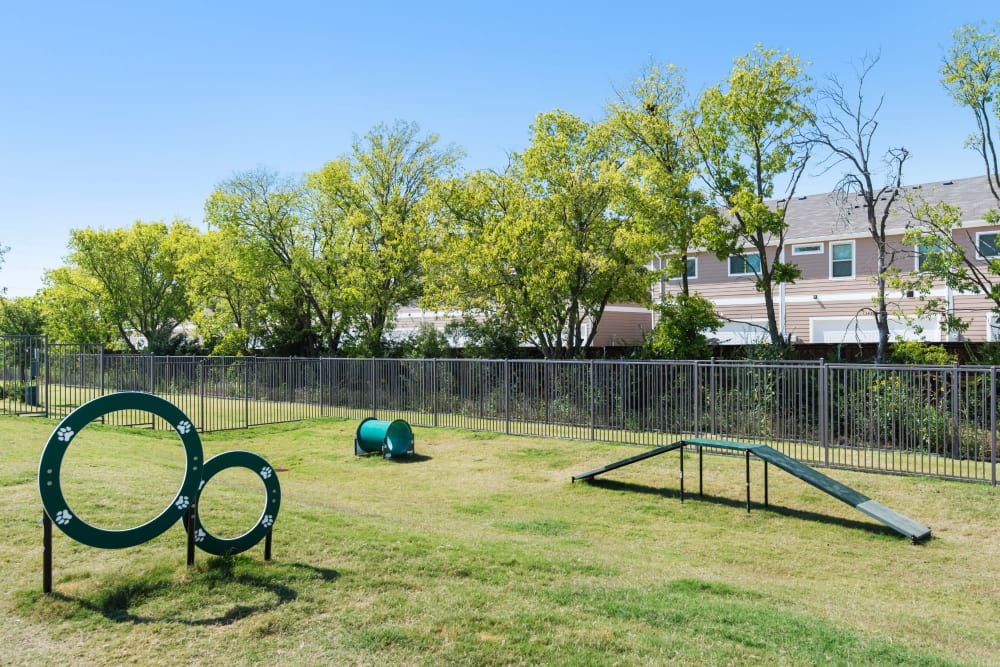 Community dog park featuring agility play structures at Discovery Park in Denton, Texas