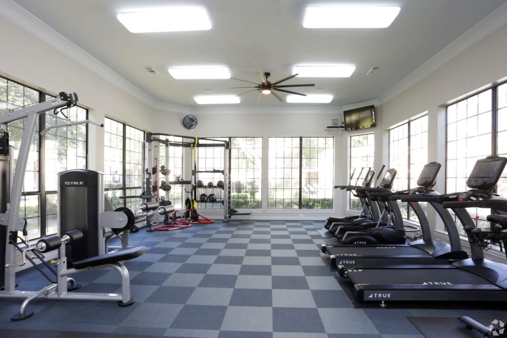 Spacious fitness center at The Columns at Westchase in Houston, Texas