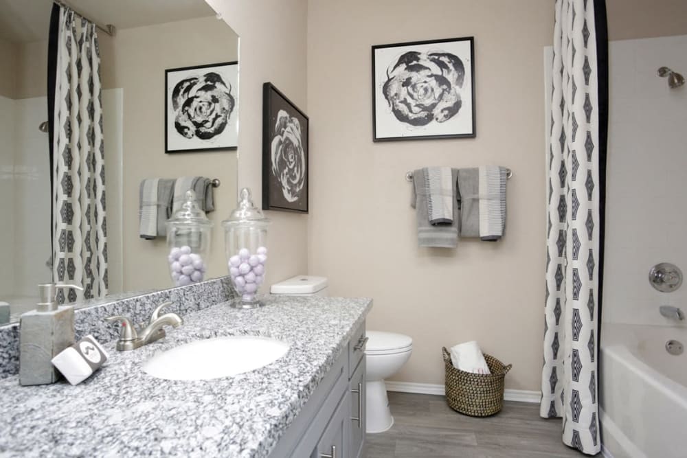 Model bathroom with granite countertops at The Columns at Westchase in Houston, Texas
