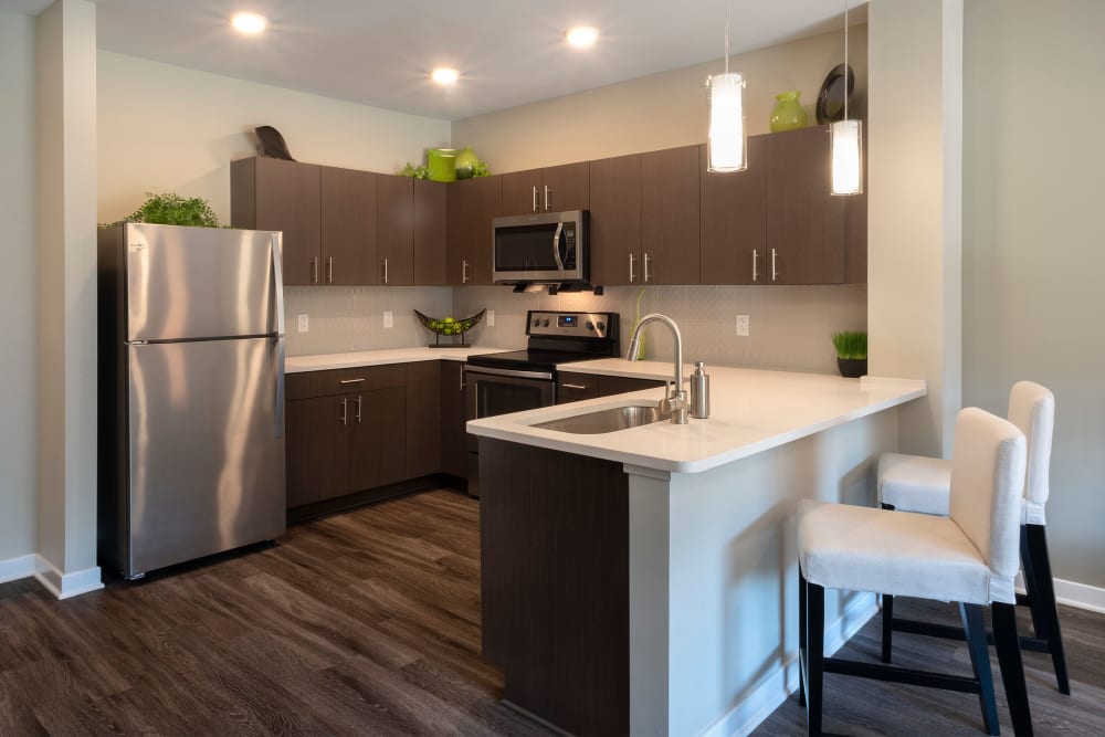 Kitchen with stainless-steel appliances at Cosmopolitan Apartments in Pittsburgh, Pennsylvania