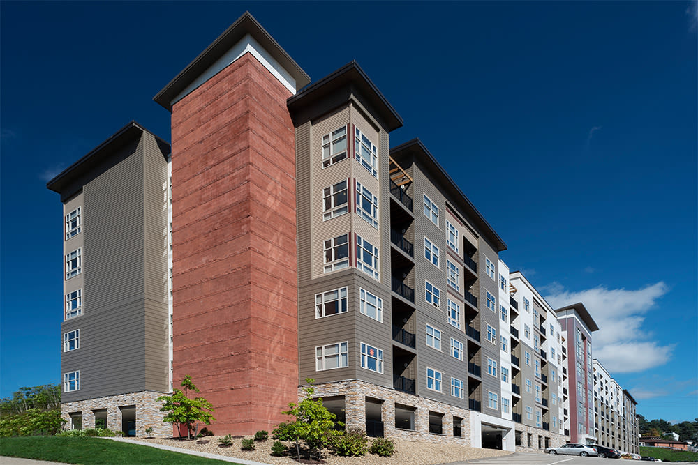 Exterior of the community on a clear day at Cosmopolitan Apartments in Pittsburgh, Pennsylvania