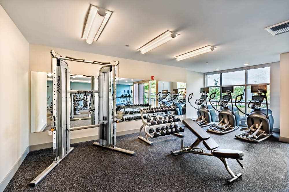 Well-equipped fitness center at Cosmopolitan Apartments in Pittsburgh, Pennsylvania
