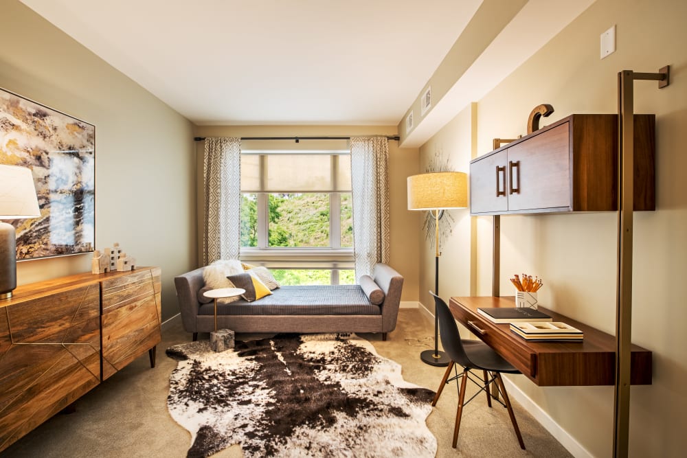 Spare bedroom set up as sitting room at Cosmopolitan Apartments in Pittsburgh, Pennsylvania