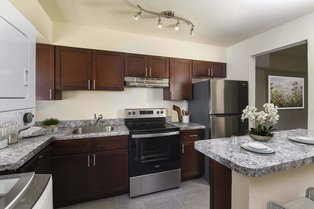 Kitchen with stainless-steel appliances at Mariner's Pointe, Joppatowne, Maryland