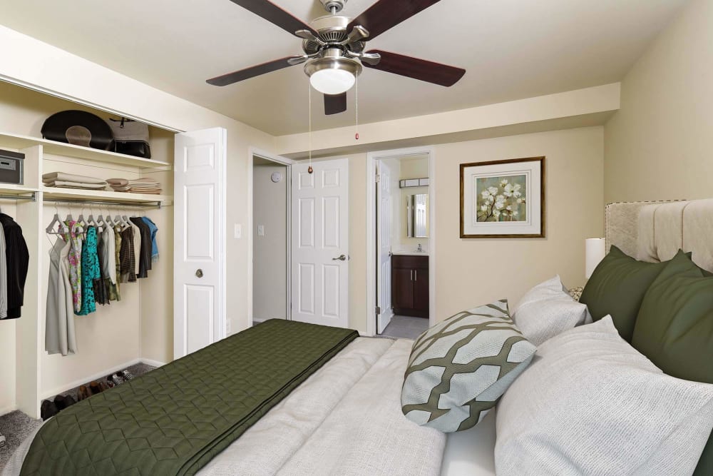 Well lit model bedroom at Mariner's Pointe, Joppatowne, Maryland