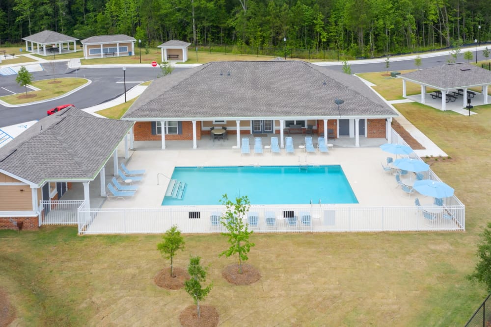 Aerial view of the pool and deck at The Columns at Coldbrook in Port Wentworth, Georgia