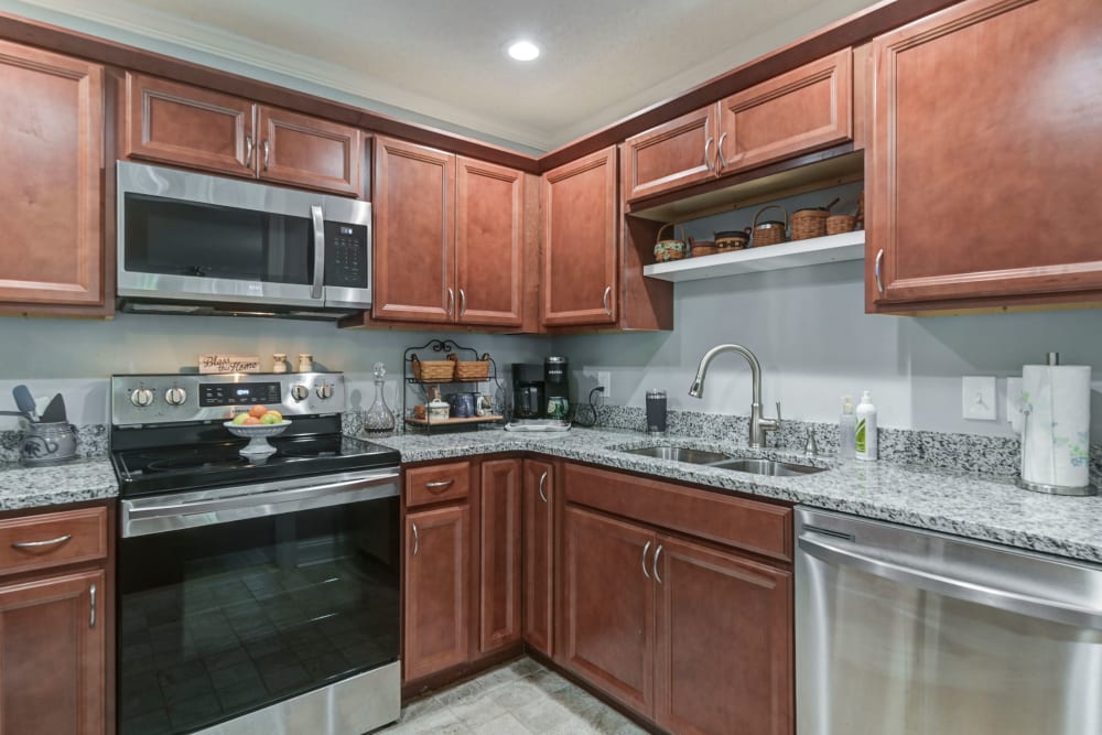 Modern kitchen in a senior home at The Village at Summerville in Summerville, South Carolina