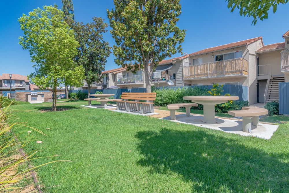 Exterior and walkways of apartments at Sierra Vista Apartments in Redlands, California