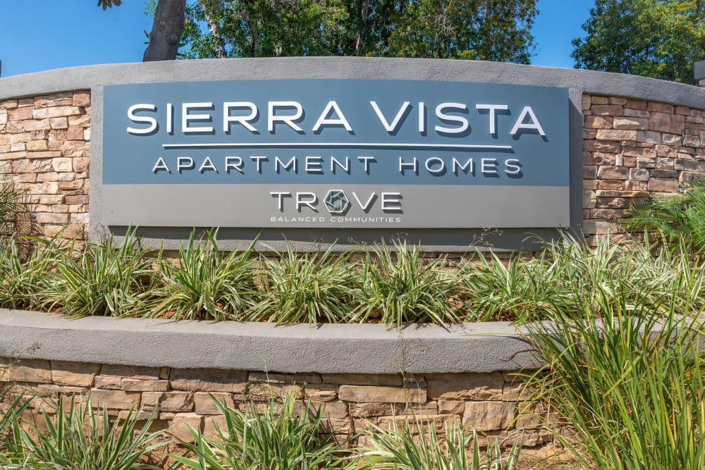 Exterior sign at Sierra Vista Apartments in Redlands, California