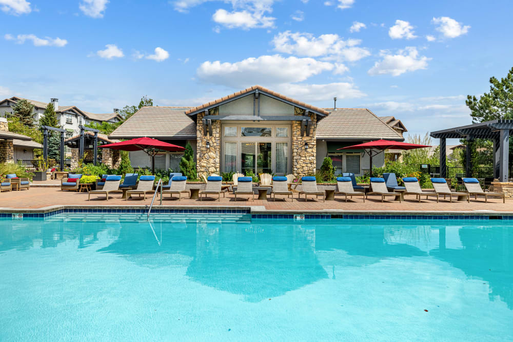 Sparkling swimming pool with plenty of poolside lounge seating at Montrachet Apartment Homes in Lakewood, Colorado