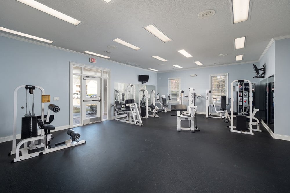 Equipment in the fitness center at Brighton Park in Byron, Georgia