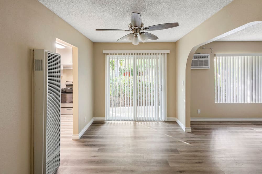 Sliding glass door in an apartment at North Pointe Villas in La Habra, California