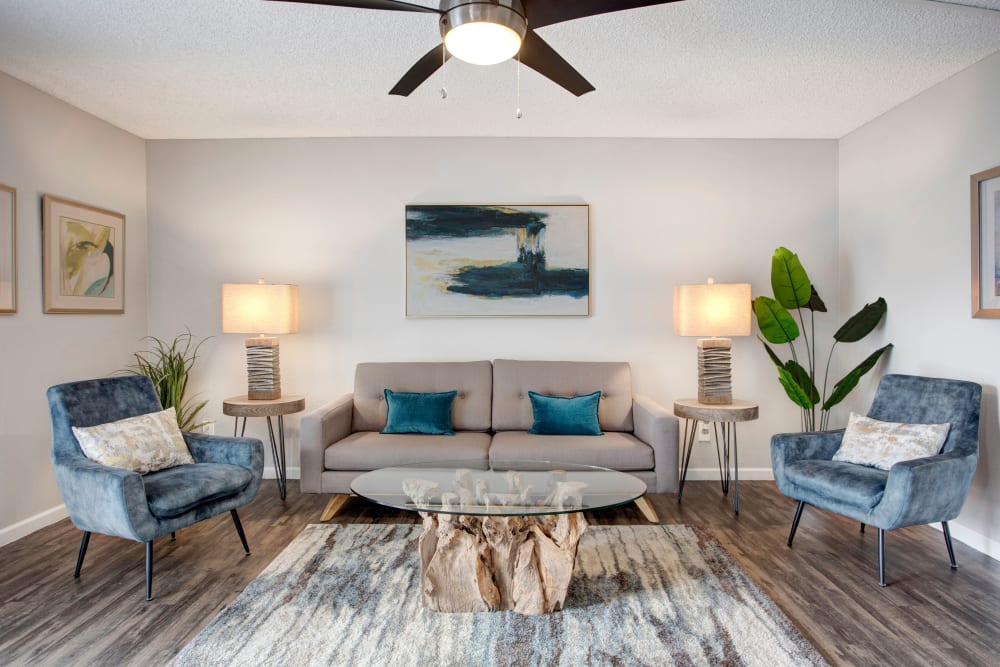 Living room with wood flooring at 505 West Apartment Homes in Tempe, Arizona