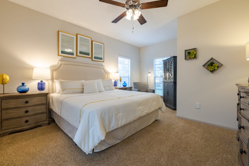 Spacious bedroom with fan at Sonterra Heights in San Antonio, Texas
