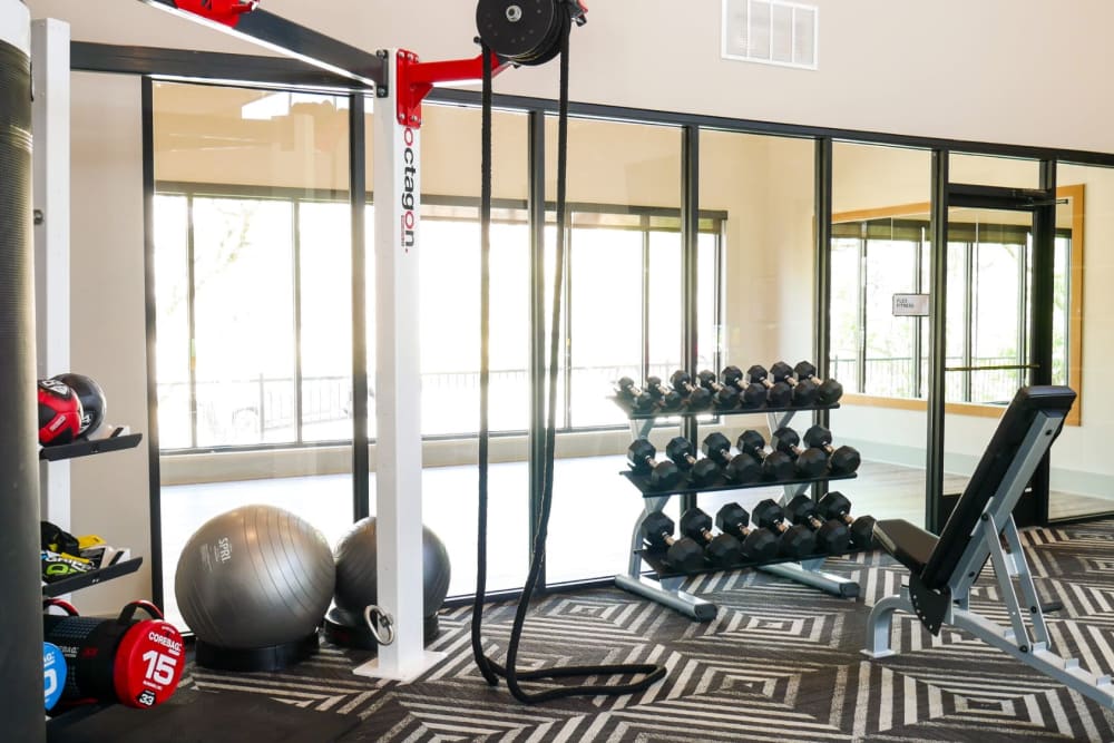 Fitness center with tons of equipment at The View at Crown Ridge in San Antonio, Texas