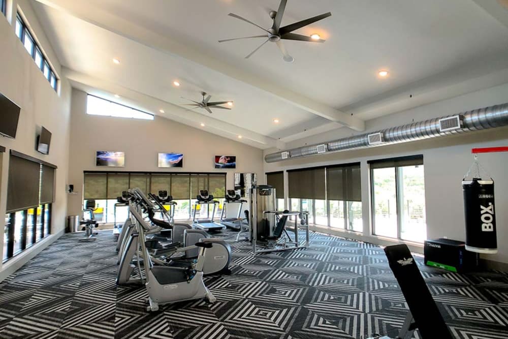 Fitness center with high ceiling at The View at Crown Ridge in San Antonio, Texas