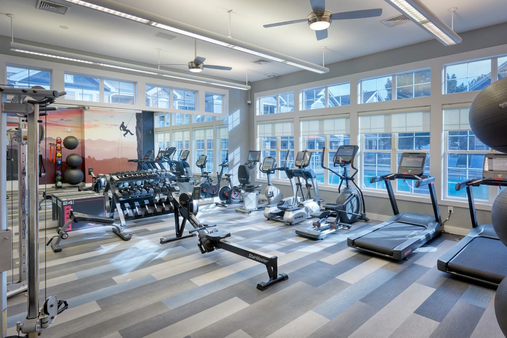 Fitness center with plenty of individual workout stations at Crestone Apartments in Aurora, Colorado