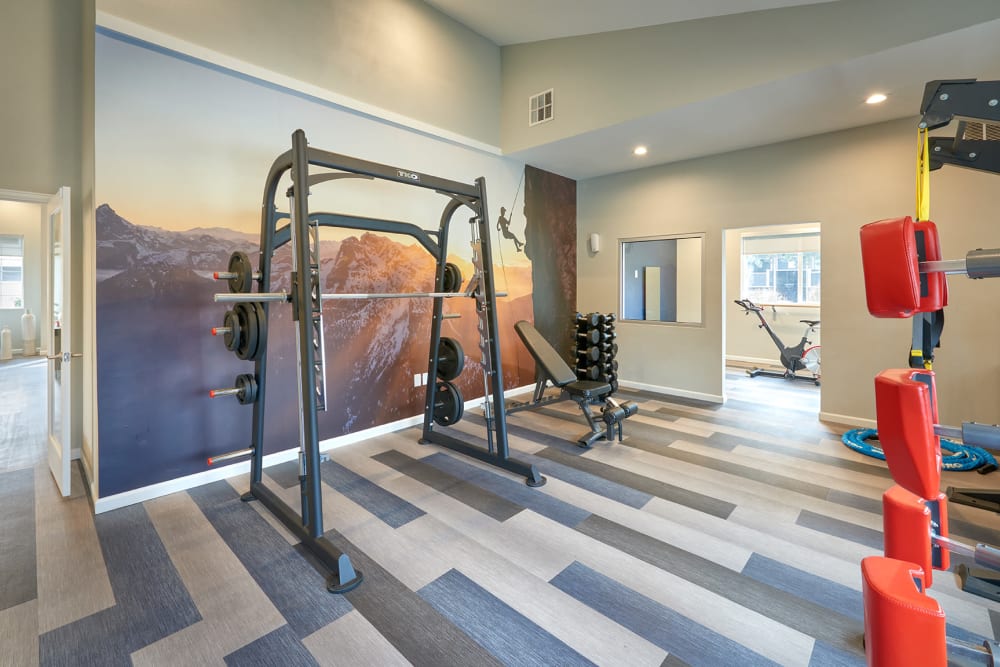 Clean, modern community gym at Alton Green Apartments in Denver, Colorado