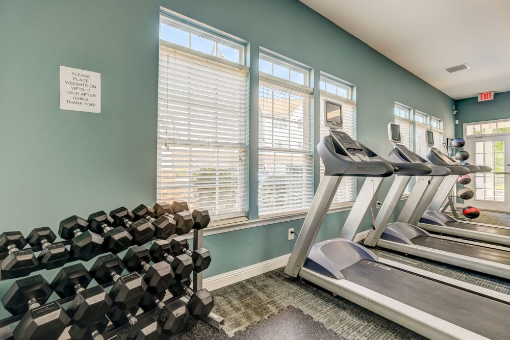 Treadmill and weights at Carden Place Apartment Homes in Mebane, North Carolina