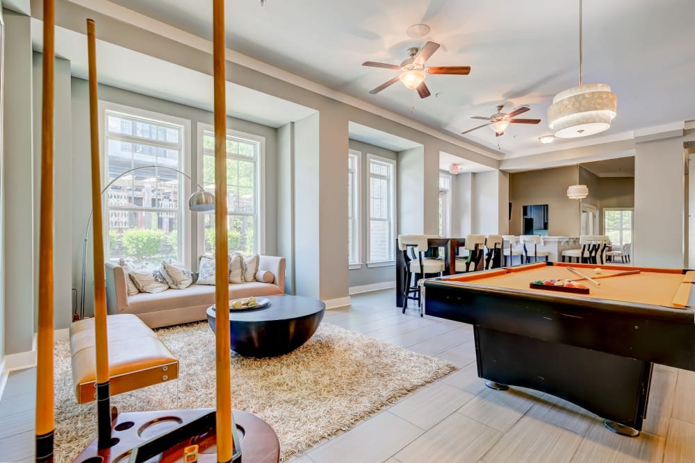Clubhouse with billiards table at Reserve at Kenton Place Apartment Homes in Cornelius, North Carolina